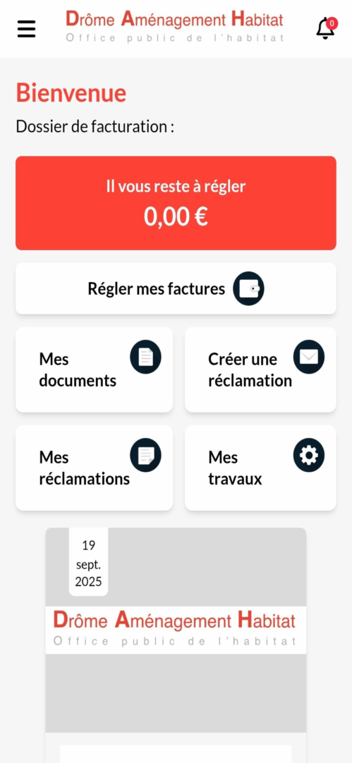 capture d'écran page facturation appli mobile de DAH