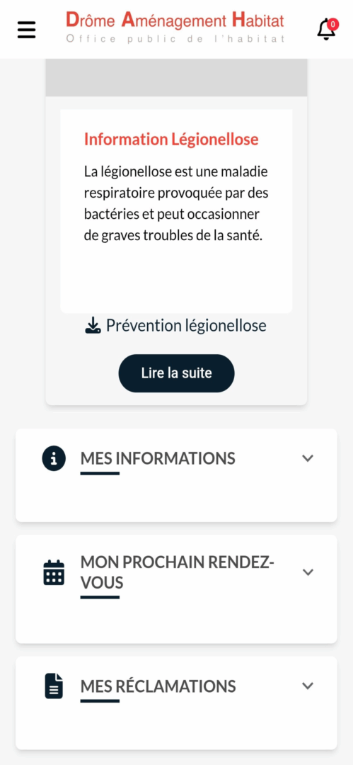 capture écran appli mobile de DAH page informations